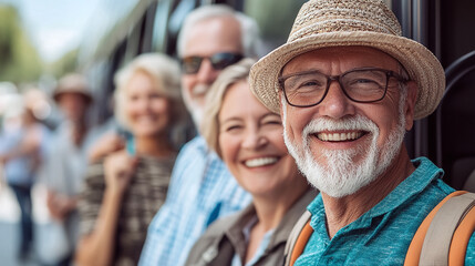 A joyful group of smiling seniors gathered for a guided tour, showcasing happiness, friendship, and an energetic approach to living during their golden years.
