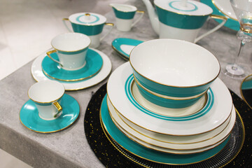 beautiful table setting, empty beautiful ceramic plates on the table