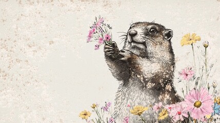 Groundhog holding flowers among blooming wildflowers in nature scene with copy space. Happy Groundhog Day.