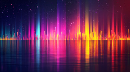 Futuristic cityscape: neon lights reflecting on water. Stellar Horizon. Illustration