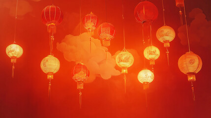 Chinese New Year wallpaper with a bright red background decorated with simply drawn red and gold lanterns, ai generated images.