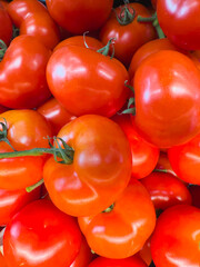 Fresh tomatoes stacked neatly in a container.