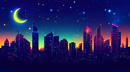 Naklejka premium Neon cityscape: a vibrant night in the metropolis. Stellar Horizon. Illustration