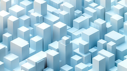 A white city with cube-shaped buildings, 3D rendered in an isometric view, minimalistic bright tones, modern aesthetic, with blurred background and empty space for caption on the side

