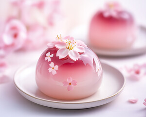 Sakura jelly desserts with two-tone mirror glaze