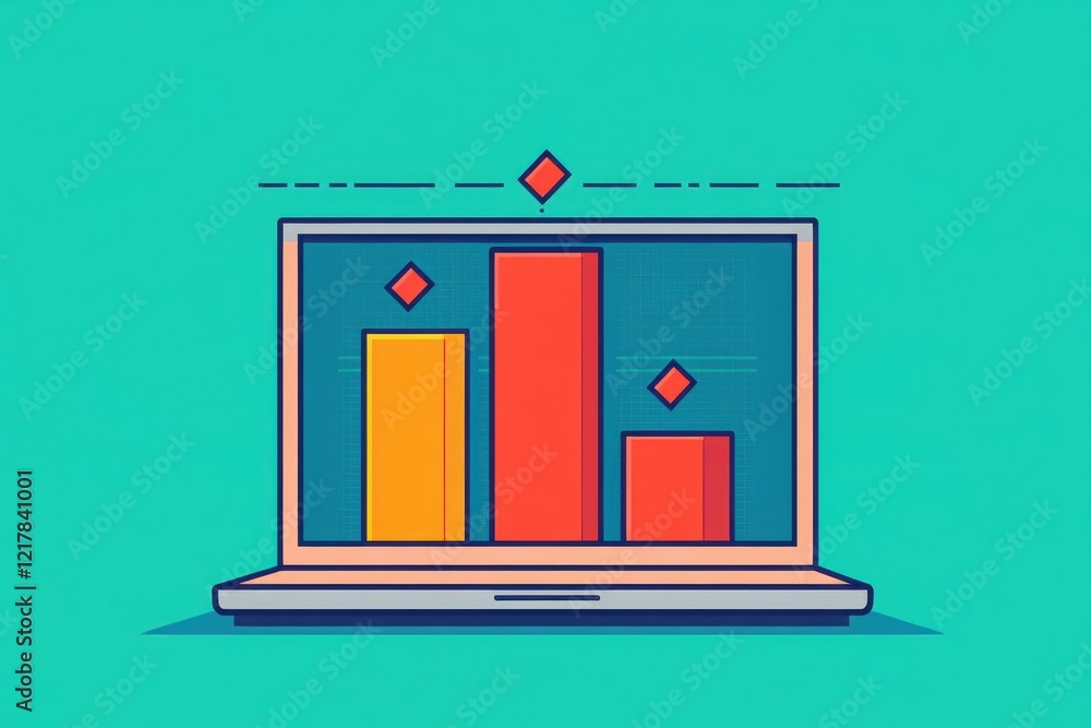 Poster a modern laptop displaying colorful bar graphs on a vibrant background, representing data analysis a