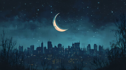 Naklejka premium Night cityscape under a crescent moon: a serene nocturnal view. Stellar Horizon. Illustration