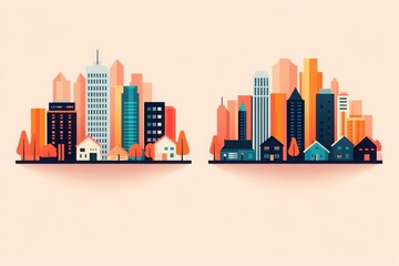 Obraz premium A vibrant cityscape illustration showcasing modern buildings and cozy houses with stylish design elements.