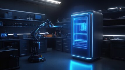 Fototapeta premium Futuristic kitchen scene featuring a robotic arm interacting with a glowing refrigerator in a modern laboratory setting, showcasing advanced technology and innovation.