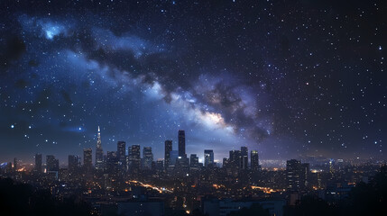 Obraz premium Night sky with stars over a city skyline. Stellar Horizon. Illustration