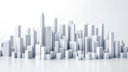 A white city with cube-shaped buildings, 3D rendered in an isometric view, minimalistic bright tones, modern aesthetic, with blurred background and empty space for caption on the side

