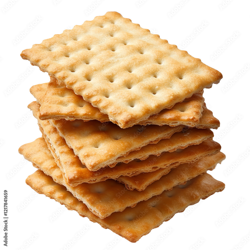 Poster a stack of crispy crackers on a plain transparent background highlighting their texture and golden c