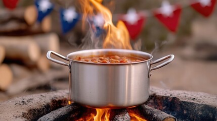 Steaming pot of chili cooking over a campfire, with texas flag bunting in the background, celebrating texan cuisine