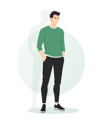 Flat vector illustration of a man in a light green sweatshirt and black pants. The faceless figure has a relaxed posture, designed in a minimalist and modern style.