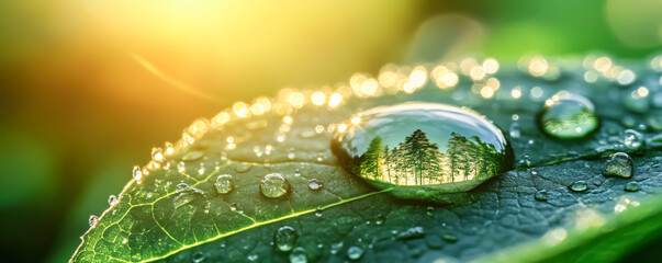 Close-up of morning dew droplets collecting on the green leaf. Sunlight in natural park.