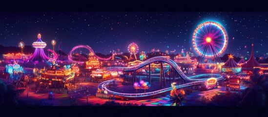 Illuminated Amusement Park at Night with Ferris Wheel Carnival Rides and Festive Lights in a Vibrant Urban Landscape