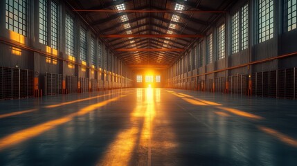 Fototapeta premium Sunrise in an Industrial Warehouse: A Stunning Display of Light and Shadow