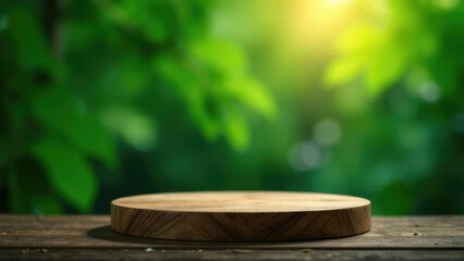 Fototapeta premium A round wooden platform sits on a rustic wooden surface with a blurred green natural background. Concept of: Natural product display.