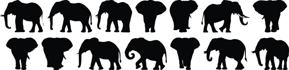 Elephant silhouettes set, animal pack of vector silhouette design, isolated background
