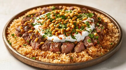 Large serving of mansaf rice topped with tender lamb pine nuts and yogurt sauce