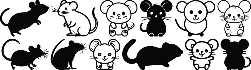 Mouse silhouettes set, rat pack of vector silhouette design, isolated background