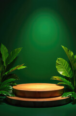A wooden round platform is set against a deep green background with large tropical leaves. Concept of eco-friendly presentation.
