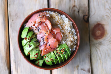 avocado, rice and salmon bowl