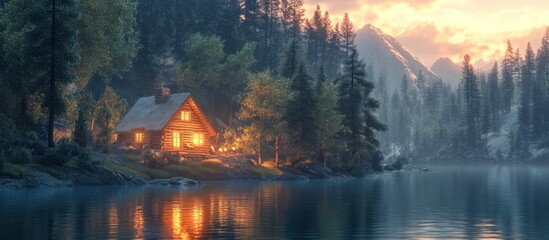 Obraz premium Cozy lakeside cabin nestled in a serene mountain forest setting reflected in the still waters of a tranquil lake at a warm glowing sunset