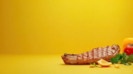 Fototapeta premium Grilled Steak with Fresh Vegetables on Vibrant Yellow Background