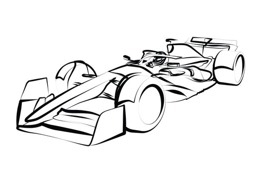 Line art sketch of sports Formula car 2024, side view. Vector line drawing for brochure or t-shirt print.