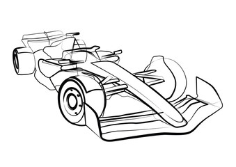 Line art sketch of sports Formula car 2024, side view. Vector line drawing for brochure or t-shirt print.