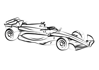 Line art sketch of sports Formula car 2024, side view. Vector line drawing for brochure or t-shirt print.