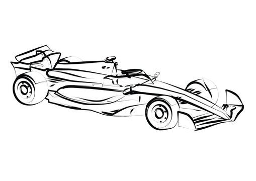 Line art sketch of sports Formula car 2024, side view. Vector line drawing for brochure or t-shirt print.