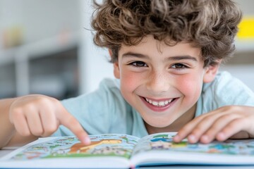 Happy child pointing at a picture in a book and smiling
