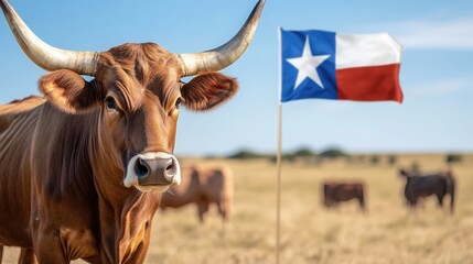 Majestic texas longhorn represents the spirit of texas, standing proudly in a field with the state flag waving in the background
