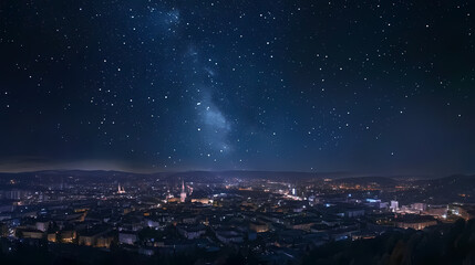 City nightscape under a starry sky. Stellar Horizon. Illustration