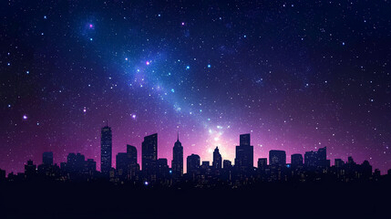 Fototapeta premium City skyline silhouette under a starry night sky with the milky way galaxy glowing brightly in the background. Stellar Horizon. Illustration