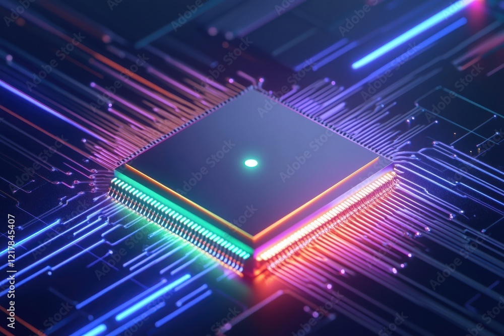 Poster cpu processing data through a futuristic quantum computing circuit with glowing neon lights