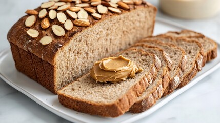 Naklejka premium Loaf of whole grain bread sliced and arranged neatly on a white plate with almond butter