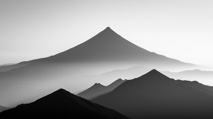 Silhouette of a volcanic peak against a clear sky with soft-focused mountains below, a minimalistic and bright tone creating an empty blank caption space on the side, evoking calm amidst chaos

