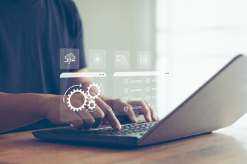 Robotic process automation concept, RPA, artificial intelligence. Man use a laptop with virtual...