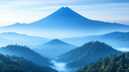 Naklejka premium Silhouette of a volcanic peak against a clear sky with soft-focused mountains below, a minimalistic and bright tone creating an empty blank caption space on the side, evoking calm amidst chaos