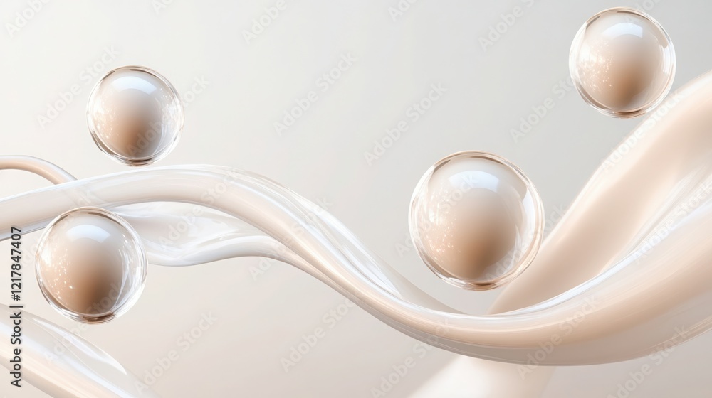 Poster shiny spheres interacting with elegant flowing waves create a mesmerizing visual representation of q