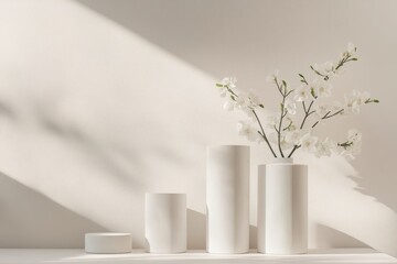 White Flowers in Minimalist White Vases on Display