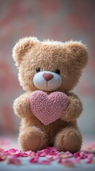 Obraz premium Cute teddy holding heart with petals