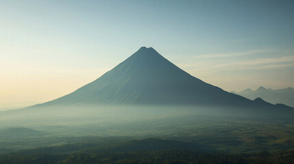 Silhouette of a volcanic peak against a clear sky with soft-focused mountains below, a minimalistic and bright tone creating an empty blank caption space on the side, evoking calm amidst chaos

