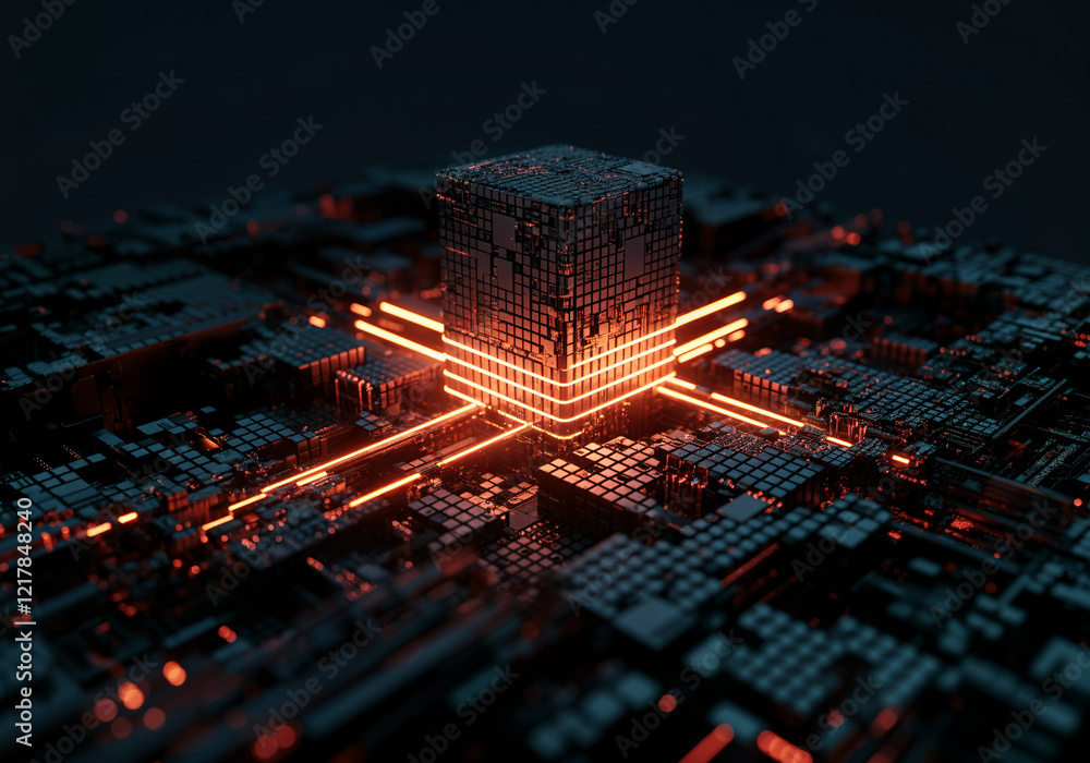Aufkleber complex structure of interconnected cubes forming a futuristic circuit board, with glowing orange li