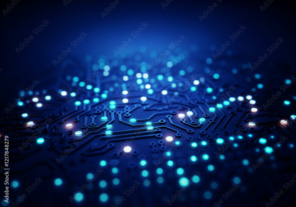 Poster complex electronic circuit board with glowing lights, creating a technological and futuristic atmosp