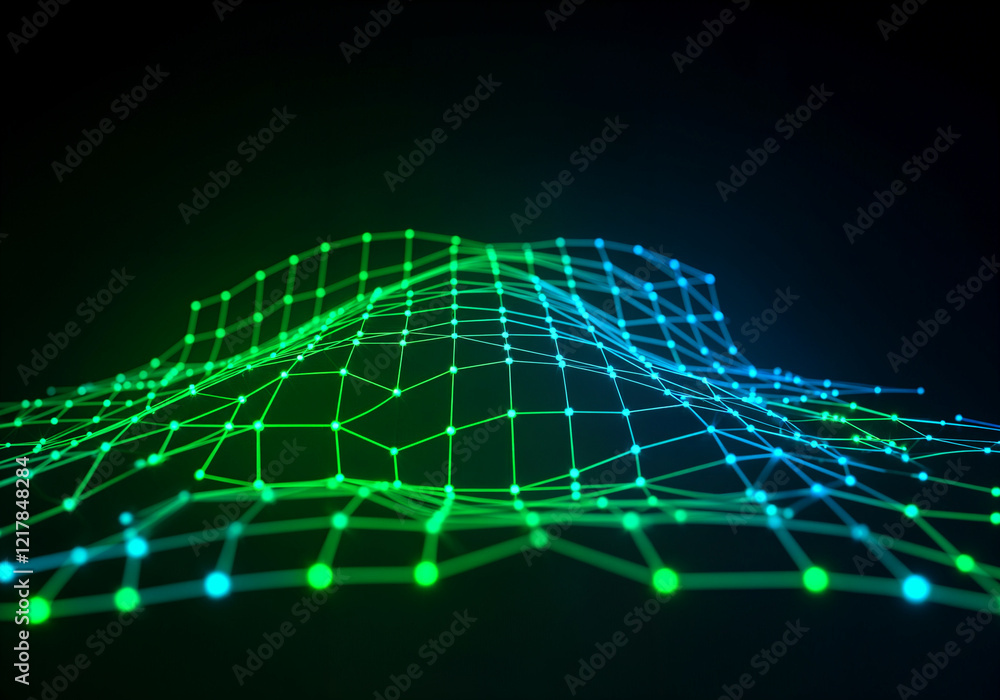 Aufkleber abstract plexus mesh is forming a digital landscape with green and blue glowing lines and dots