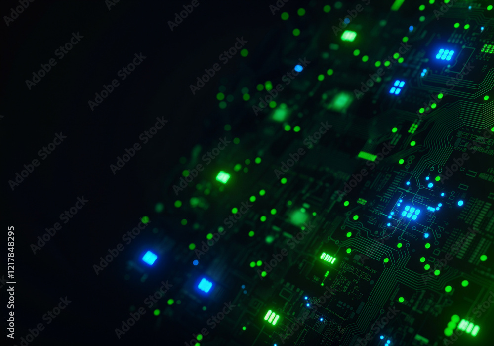 Aufkleber futuristic circuit board with glowing green and blue lights, symbolizing advanced technology and dat